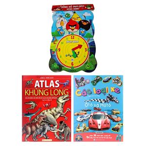 bộ sách atlas: khủng long - các loài động vật thời tiền sử + các loại xe ô tô và mô tô - dán hình + đồng hồ angry birds năng động (bộ 3 cuốn)